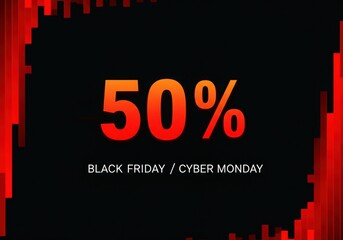 Orange fifty percent text over friday monday with red bars design