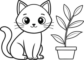 Obraz premium Cute cartoon cat and potted plant coloring page kitten