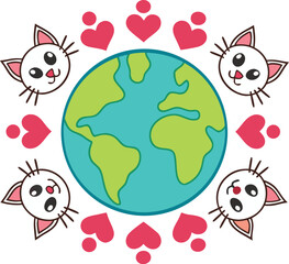 Cute cats and hearts surrounding planet Earth kitten