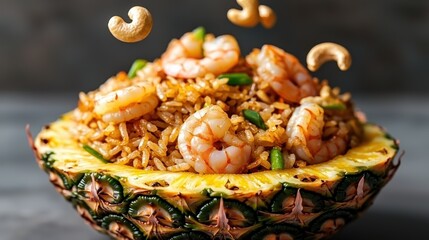 Thai pineapple fried rice in a pineapple shell, freeze motion with flying shrimp and cashews, vibrant yellow and green tones,