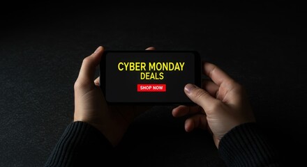Person holding phone displaying cyber monday deals advertisement