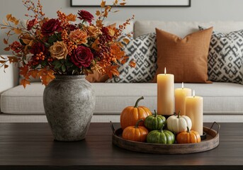 Autumnal display with flowers pumpkins and candles on a dark table