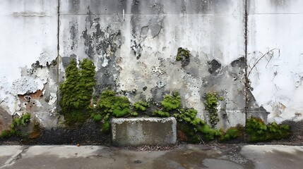 Moss Growing on Old Wall with Peeling Paint and Concrete Block