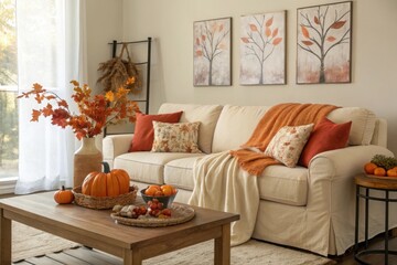 Living room with autumn decor featuring couch, table, and paintings