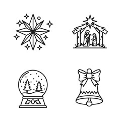 Fototapeta premium Decorative Nativity Figurine and Seasonal Elements Including a Snow Globe With a Winter Scene, a Festive Bell, and an Outline Icons of the Star of Bethlehem on a Simple White Background