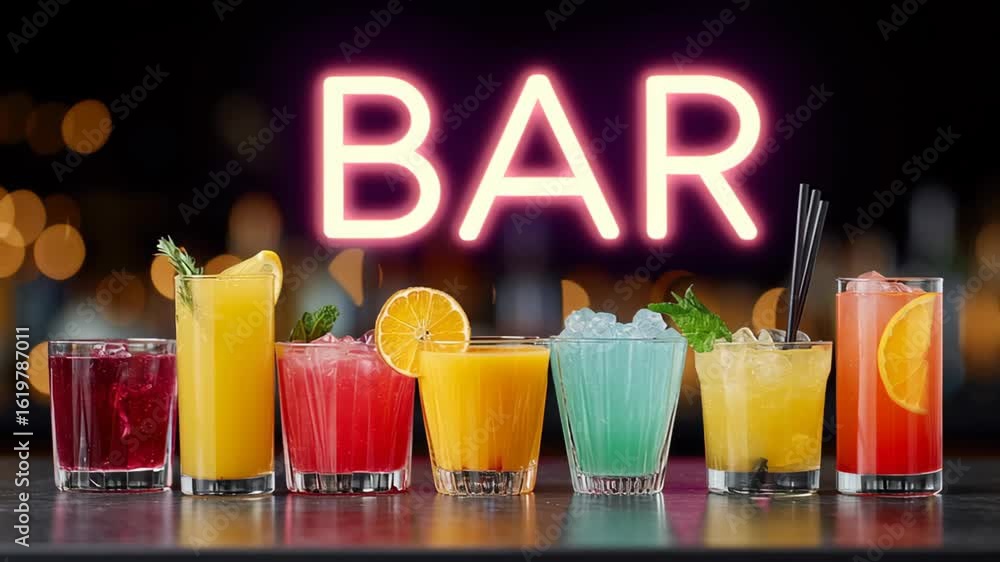 Poster colorful array of drinks on a counter with the word bar written in neon letters. the drinks are in v