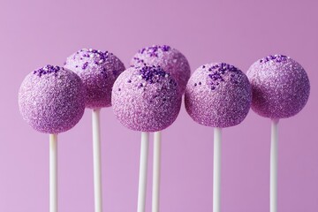 Six lavender cake pops on sticks against a pale purple backdrop