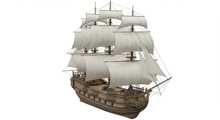 3D rendering of a pirate vessel featuring white sails, displayed on a plain white background without shadows, gradients, or reflections.
