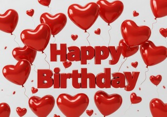 Red happy birthday text with heart balloons on a bright background
