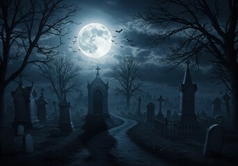 Eerie graveyard scene under a full moon with bats flying overhead