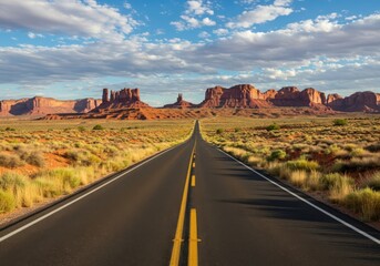 Straight road leading to monument valley under a cloudy sky view