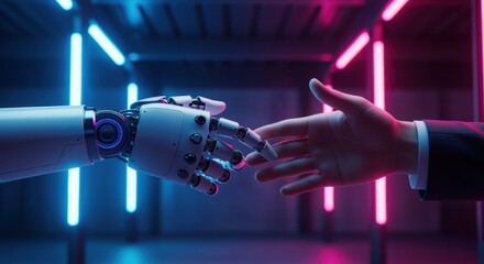 Robot hand is touching businessman hand in futuristic neon office, symbolizing collaboration between humans and artificial intelligence in modern business and technology