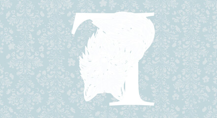 Decorative blue fox illustration with elegant floral pattern background, intricate vintage style animal artwork, bold serif letter, creative nature-themed composition, perfect for 