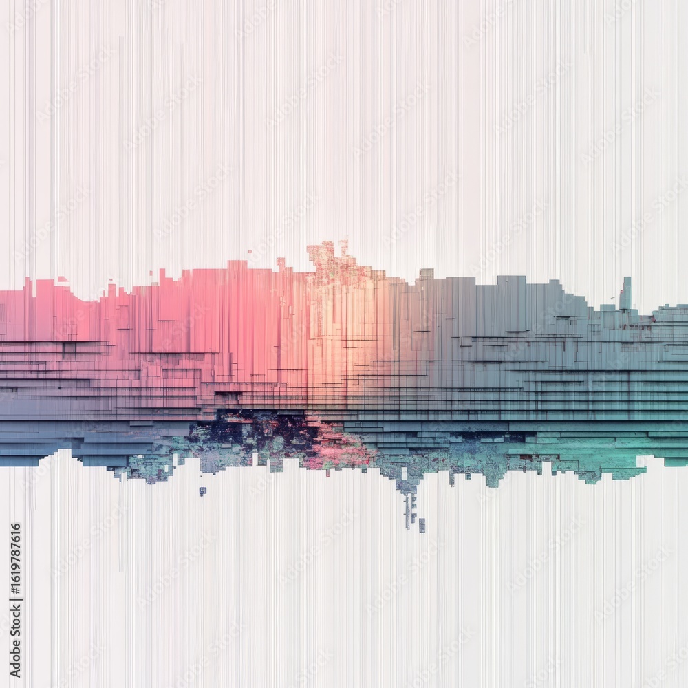 Poster abstract glitch art featuring distorted horizontal lines and pixel noise in a cyberpunk aesthetic