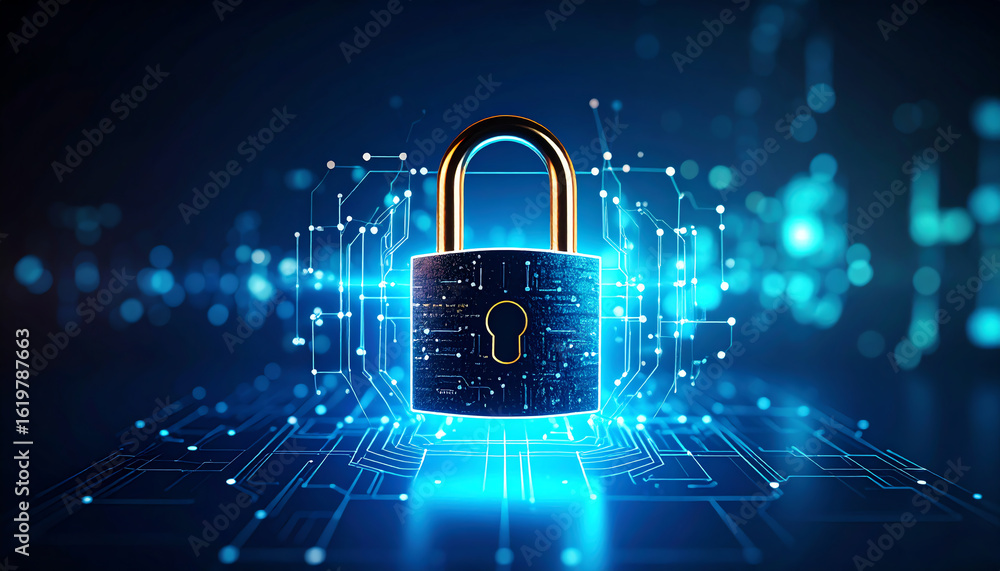 Aufkleber a digital padlock surrounded by glowing circuits represents cybersecurity and data protection in a f