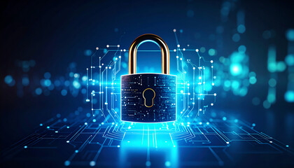 A digital padlock surrounded by glowing circuits represents cybersecurity and data protection in a futuristic setting