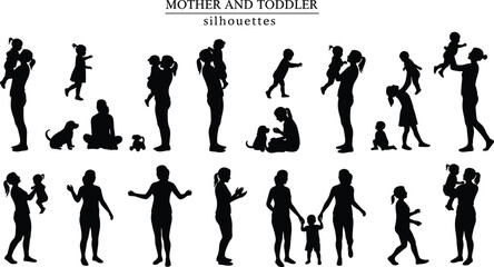 Silhouettes of mother and toddler bonding moments, family love illustration set, playful parent-child activities, black vector design for parenting, childcare, 