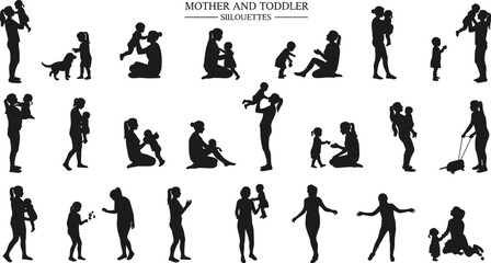 Silhouettes of mother and toddler interaction, parent and child vector set, family bonding moments, childcare illustration, emotional motherhood scene, black isolated parenting design elements.