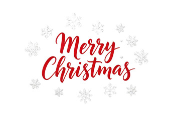 Vibrant red brush script "merry christmas" text with authentic brushstrokes, surrounded by delicate white snowflakes and dots on a transparent background with studio lighting, top-down view,
