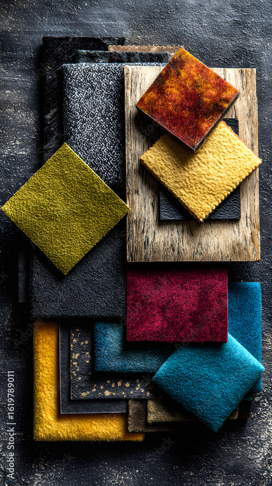 Poster flatlay of square color and texture samples on black background