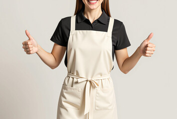 Young woman wearing an apron over a white shirt smiling and posing confidently in a casual studio setting. Mockup apron.