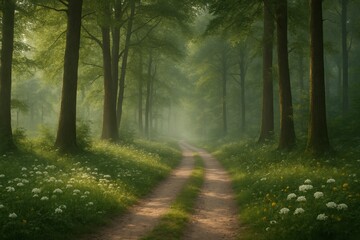Obraz premium Escape to this enchanting forest path with dappled sunlight and wildflowers for a peaceful mindful moment