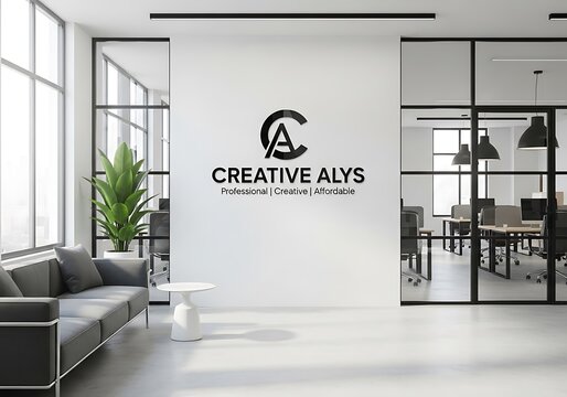 Modern office interior with a comfortable sofa, minimalist table, and large windows, featuring a company logo on the wall