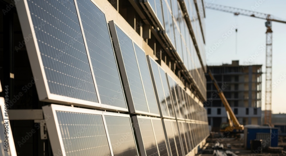 Poster rows of solar panels are being installed on the facade of a modern building under construction, show