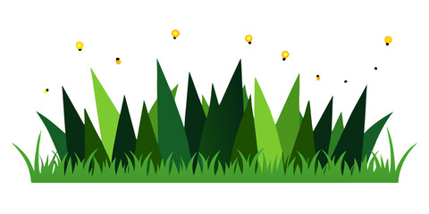 Green grass blades with yellow glowing orbs against black background night dark background