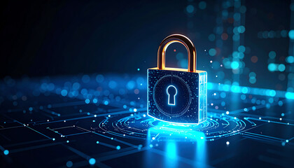 A glowing digital padlock symbolizing cybersecurity and protection in a high-tech environment