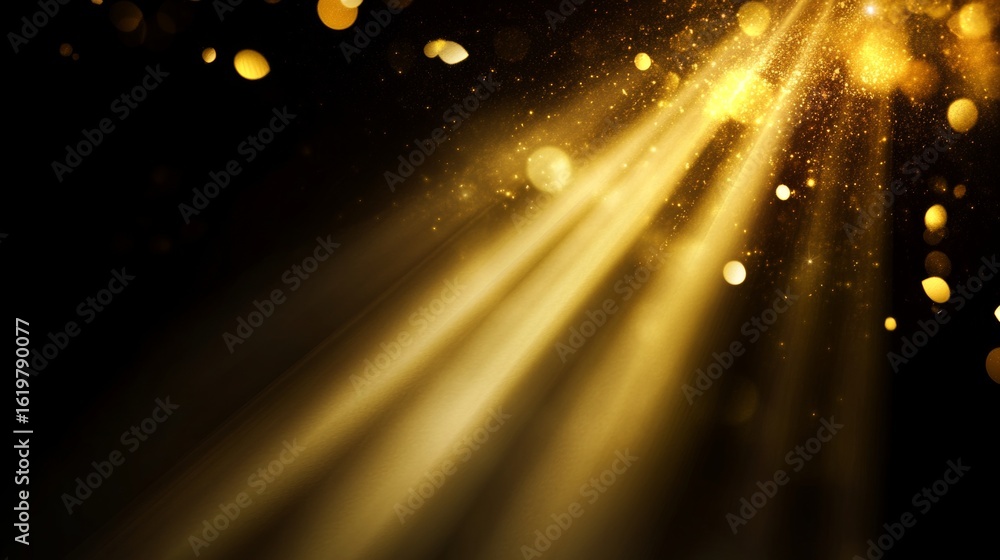 Poster golden rays shine brightly on a black background, creating an abstract light beams effect with glows