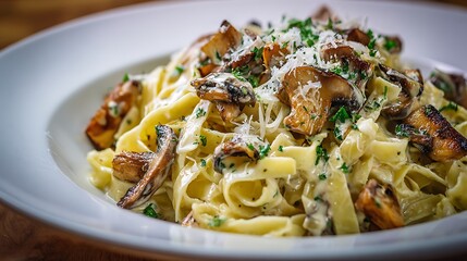 Serving of Mushroom Fettuccine Pasta with Parsley and Cheese