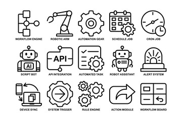 Automation process outline icon set. Workflow and robotic assistant line icons. Modern AI integration symbols for software and technology. Vector illustration