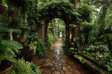 Fototapeta premium Stone path through lush, overgrown archway
