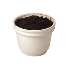 white pot filled with rich soil, ready for planting  isolated on white background
