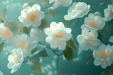 Fototapeta premium Soft white camellias on teal background