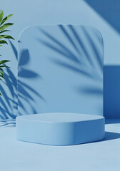 Minimalist pale blue pedestal with palm leaf shadows and soft light for product display
