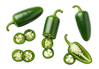 vibrant green jalapeño peppers, whole and sliced revealing white flesh and black seeds, artfully arranged on a pristine transparent studio background with no shadows, overhead view. Concept for