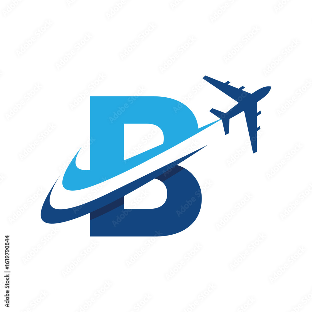 Poster the image shows a flat logo design of an initial letter b in blue color with an airplane flying thro