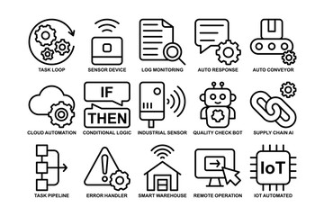 Industrial iot automation outline icon set. Smart warehouse and sensor device line art symbol pack. automation and conditional logic line icon bundle. Industrial sensor and supply chain symbol
