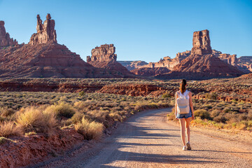 A woman is leisurely walking down a dusty dirt road in the desert, Young Woman on Road in Valley of...