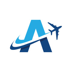 The image shows a flat logo design of an initial letter A in blue color with an airplane flying through it creating two swoosh lines. It looks clean and modern on a white background.