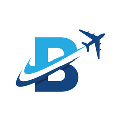 The image shows a flat logo design of an initial letter B in blue color with an airplane flying through it creating two swoosh lines. It looks clean and modern on a white background.