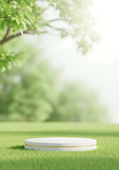 Empty white podium on lush green grass with soft focus background of trees and bright sunlight