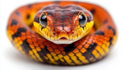 Obraz premium Close up of an orange and yellow snake coiled on a white background looking directly at the camera lens