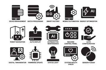 Industrial automation and device management silhouette sign bundle. AI predictive maintenance and smart factory filled solid icon set. Machine control panel and energy optimization glyph symbol pack.