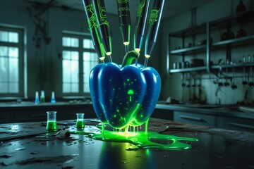 3D blue bell pepper in laboratory test pierced by kitchen utensil releases green liquid, low light laboratory atmosphere