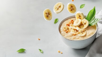 Thai sweet banana in coconut milk in a ceramic bowl, freeze motion with flying banana slices, creamy white tones,
