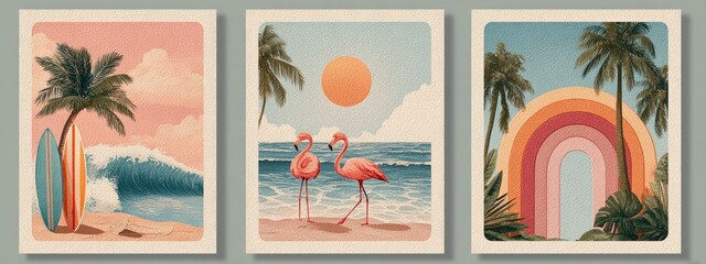 Pastel beach scenes with flamingos and rainbows