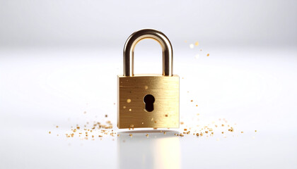 A shiny gold padlock stands against a soft background, surrounded by shimmering particles, symbolizing security and protection